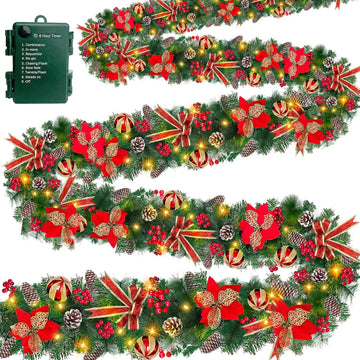 Total 18 Ft Long Prelit Christmas Garland 100 Warm White LED Lights 8 Modes Timer 270 Thick Branch Tips Pinecones Red