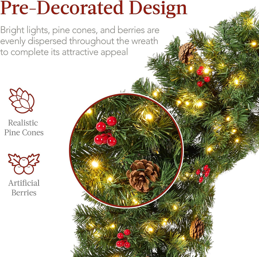 36in Pre-Lit Christmas Wreath w/Berries & Pinecones, Large Artificial Indoor/Outdoor Decor for Door, Mantel w/Red