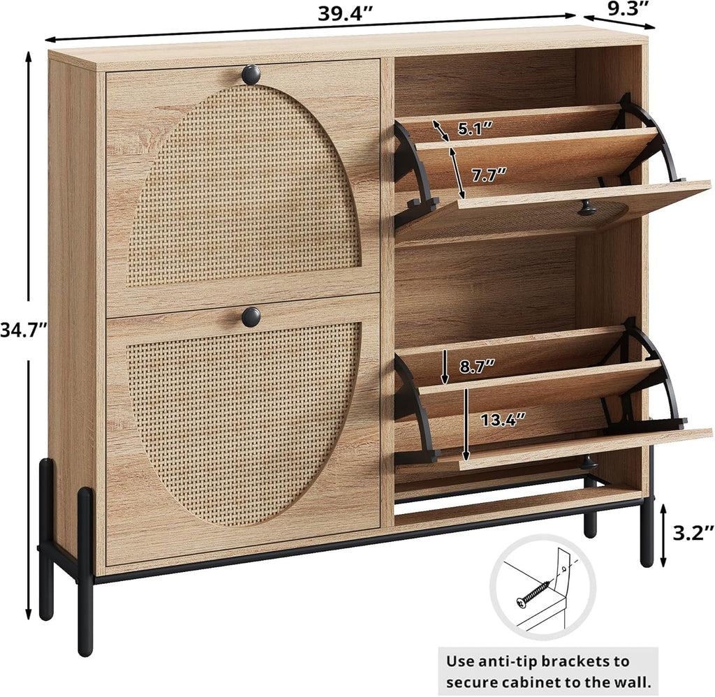 Rattan Shoe Cabinet Storage with 4 Flip Drawers, Freestanding Shoe Storage Organizer Cabinet , Narrow Shoe Rack