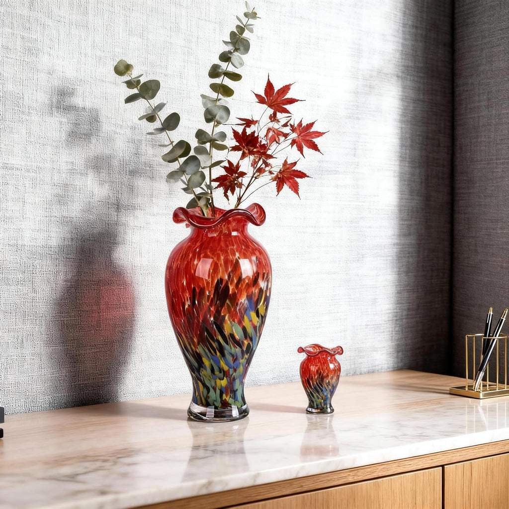12.2H Murano Hand Blown Glass Vase, Ruffled Scalloped Rim Wide Mouth Colorful Decorative Flower Vase, Large Glass