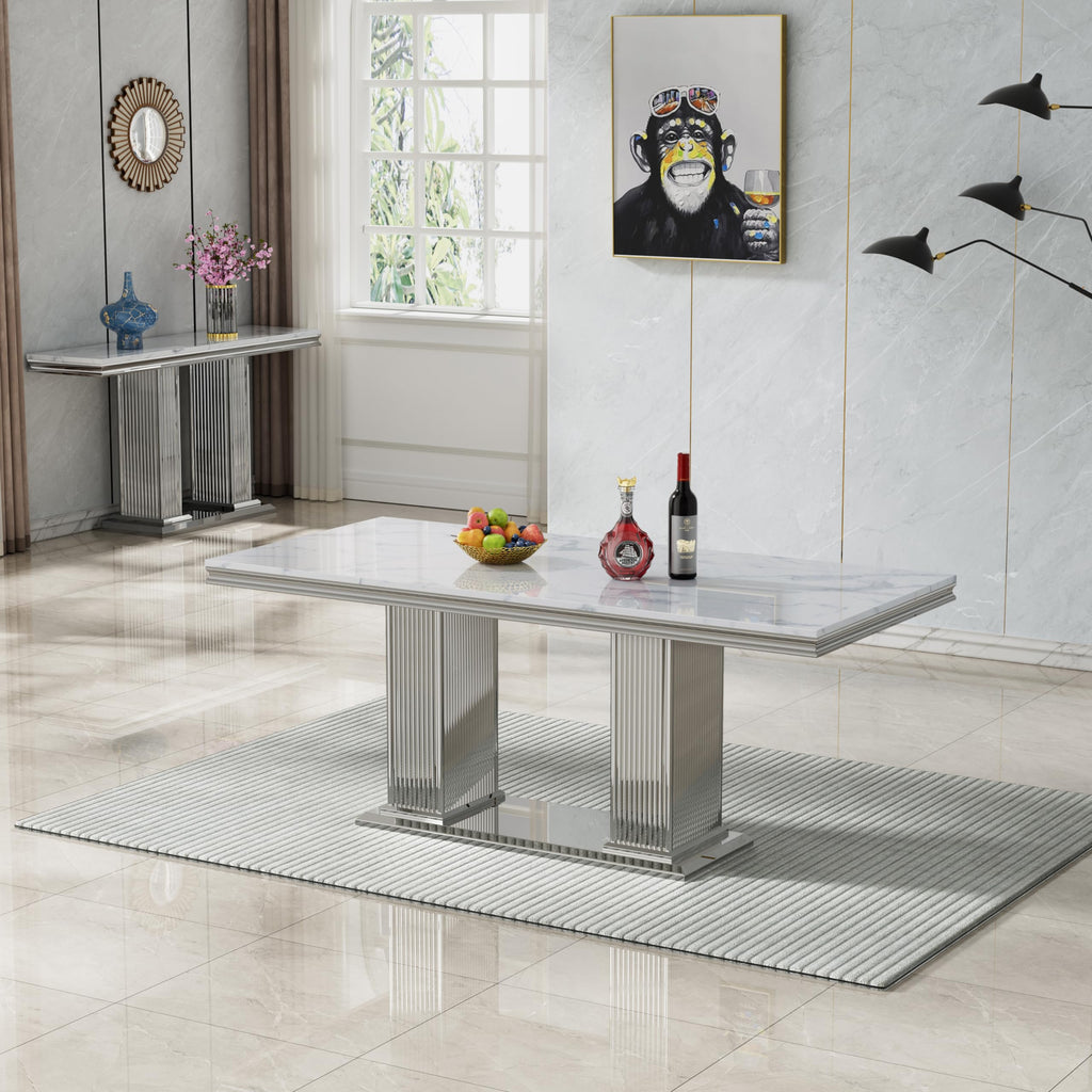 Marble Dining Table for 6-8 Modern Kitchen Table with Silver Stainless Steel Double Column Pedestal Luxury 70""