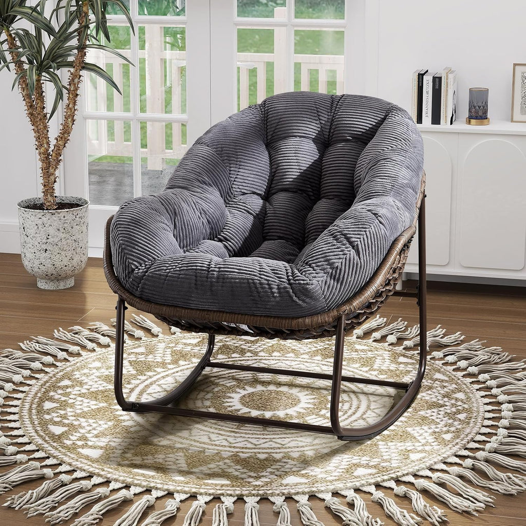 Oversized Indoor Rocking Chair, Comfy Corduroy Rocking Papasan Chair with Thick Cushion and Frame, Large Wicker