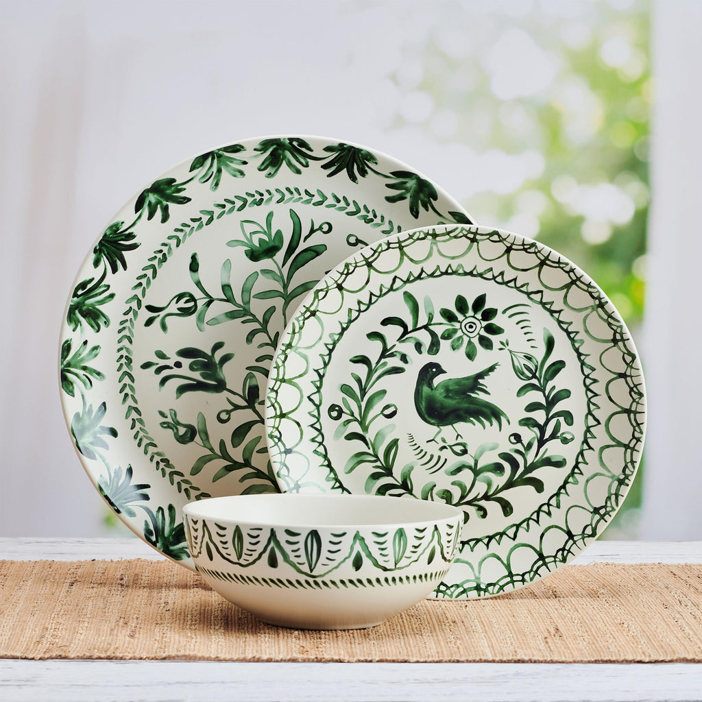 And Floyd Sicily Green 12-Piece Dinnerware Set - Stoneware Plates and Bowls Set for 4, Floral Green and White Dish