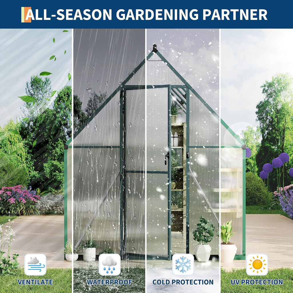 Polycarbonate Greenhouse for Outdoors, Large Walk-InGreenhouse with Quick Setup Structure and Roof Vent, Greenhouse