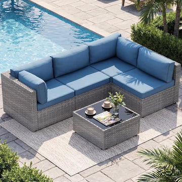 5 Piece Outdoor Patio Furniture Set, Silver PE Rattan Wicker Sectional Sofa with Glass Coffee Table - Navy Blue