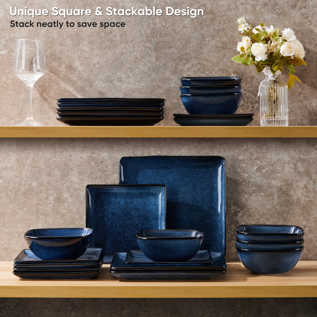 18-Piece Square Stoneware Dinnerware Sets for 6, Reactive Blue Glaze