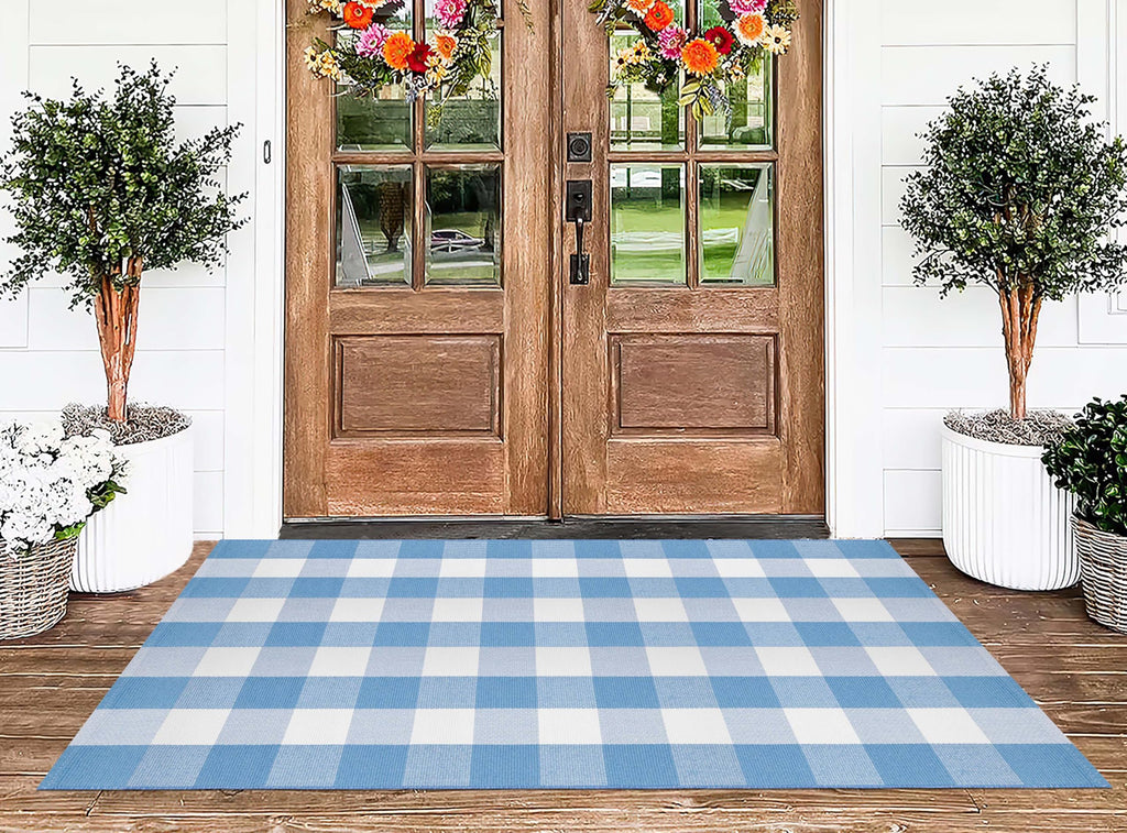 Washable 3'x5'Outdoor Rug, Light Blue White Buffalo Plaid Front Door Mat