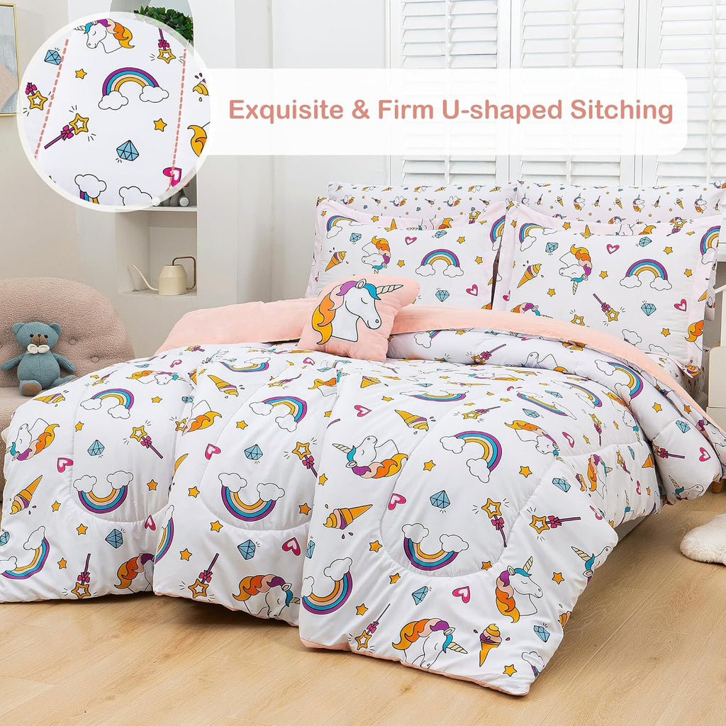 Bed in a Bag for Kids Girls Teens, 8 Pieces Full Comforter Bed Set with Shams, Sheet Set and Decorative Toy Pillow