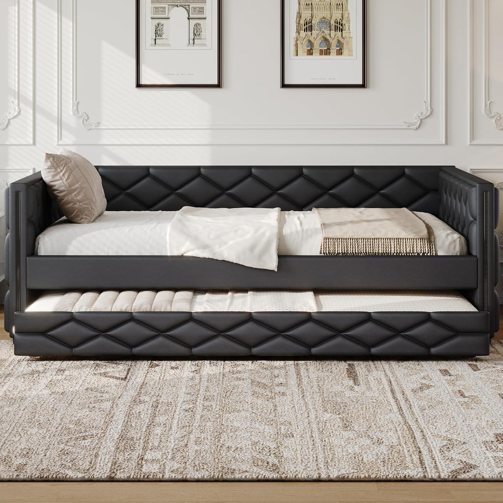 Full XL Size Daybed with Trundle, PU Leather Day Bed Frame | Black PU leather upholstered trundle bed with backrest