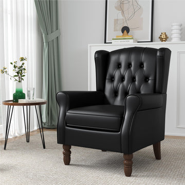 High Back Accent Chair, Faux Leather Tufted Wingback Chair, Black