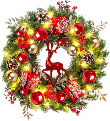 Lighted Christmas Wreath Front Door - 16'' Reindeer Winter Wreath with 8 Modes Timer, Red Gold Balls, Snowflakes
