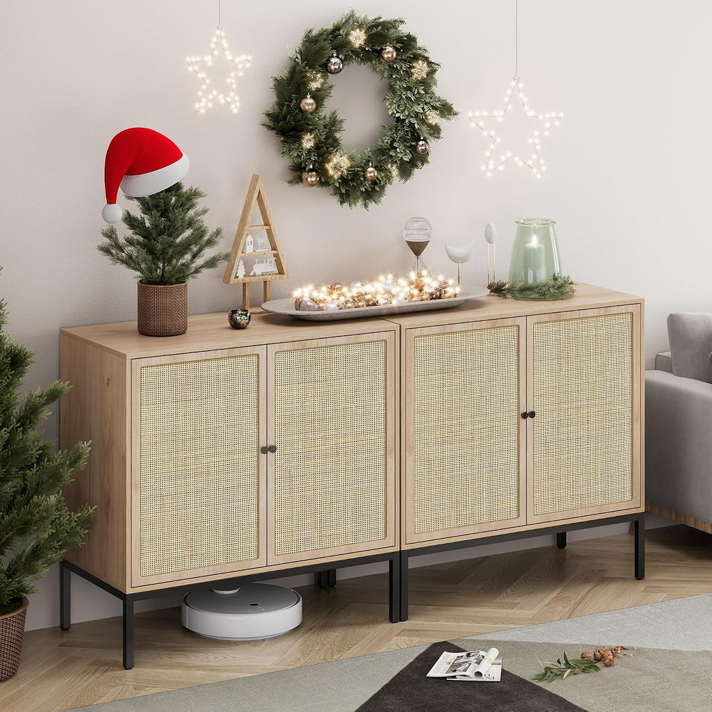 Rattan Sideboard Cabinet with 2 Doors, 31.5" Boho Buffet Credenza with Metal Legs, Natural Cane Accent Storage