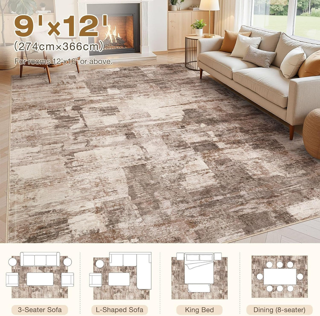 9x12 Washable Area Rug - Abstract Soft Non-Slip Modern Low-Pile Carpet