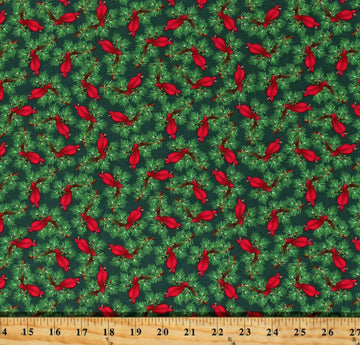 Cotton Cardinals Winter Birds Christmas Holiday Pine Branches Merry Town by Sharla Fults Green Cotton Fabric Print by