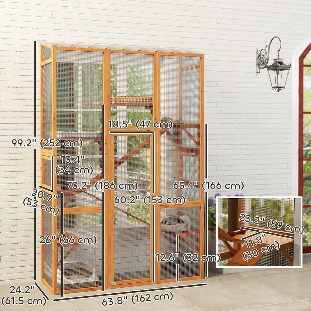 Outdoor Catio Cat Enclosure Large Wooden Cat House, 99" H Orange