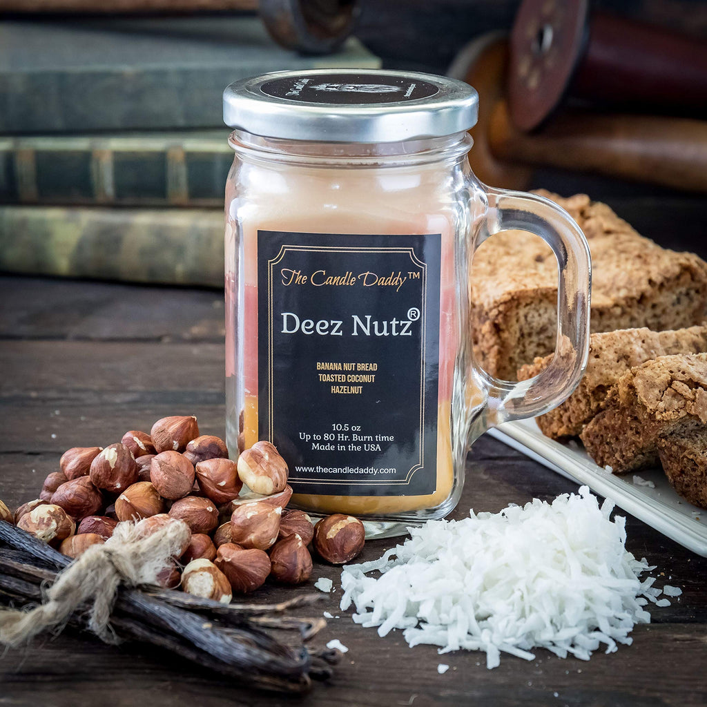 Deez Nutz Scented Candle - Banana Nut Bread, Toasted Coconut, Hazelnut Scented Triple Layer Candle-10.5 oz Mason Jar