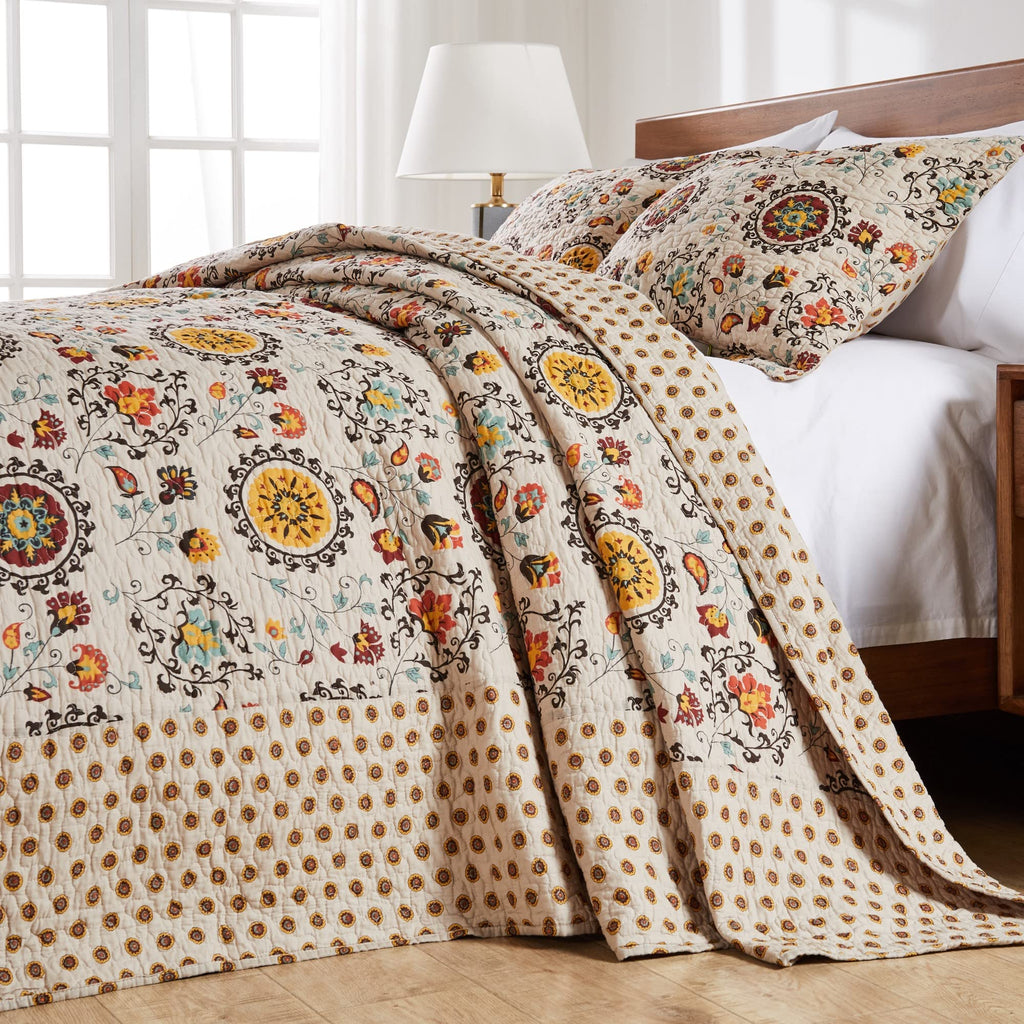 Andorra Cotton Traditional Bedspread Set - Jumbo Sized Reversible Quilt Set, 3-Piece, Taupe