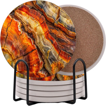 Petrified Wood Agate Round Coasters - Abosrbent Ceramic Coasters with Metal Stand for Drinks, Coffee - Set of 6