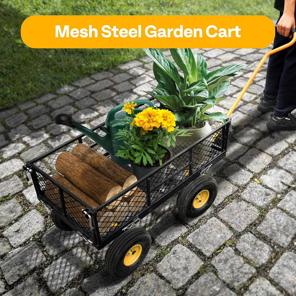 Heavy Duty 880 Lbs 4.5 Cu Ft Mesh Steel Garden Cart Utility Wagon | Removable Sides and 4.10/3.50-4" Wheels 10 inch