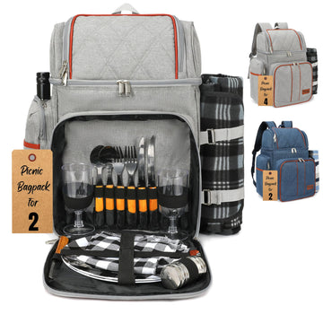 Picnic Backpack for 2, Insulated Picnic Basket Set with Blanket Gray