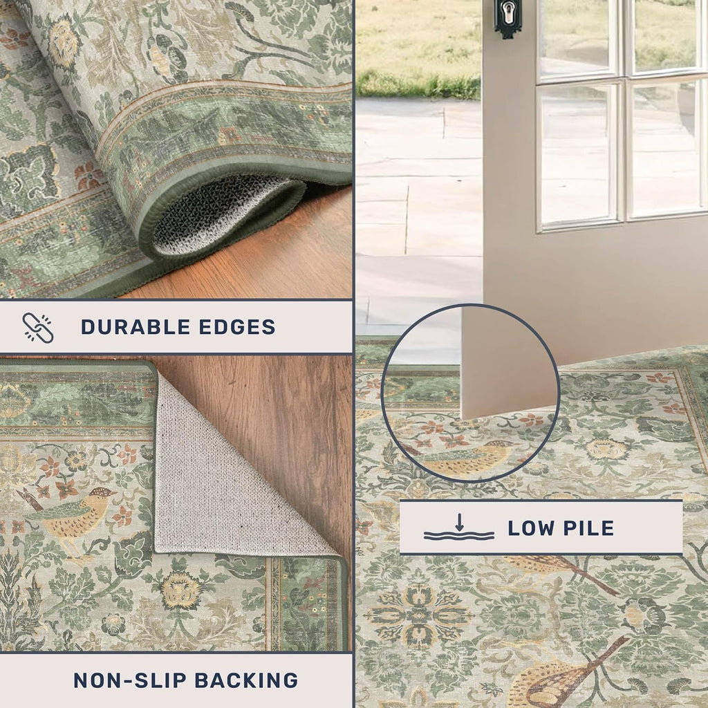 Sage Floral Kitchen Runners - 2x7 Long Runner Rug Bathroom Bedroom Beside Bed Entryway, Boho Birds Leaves Patterned