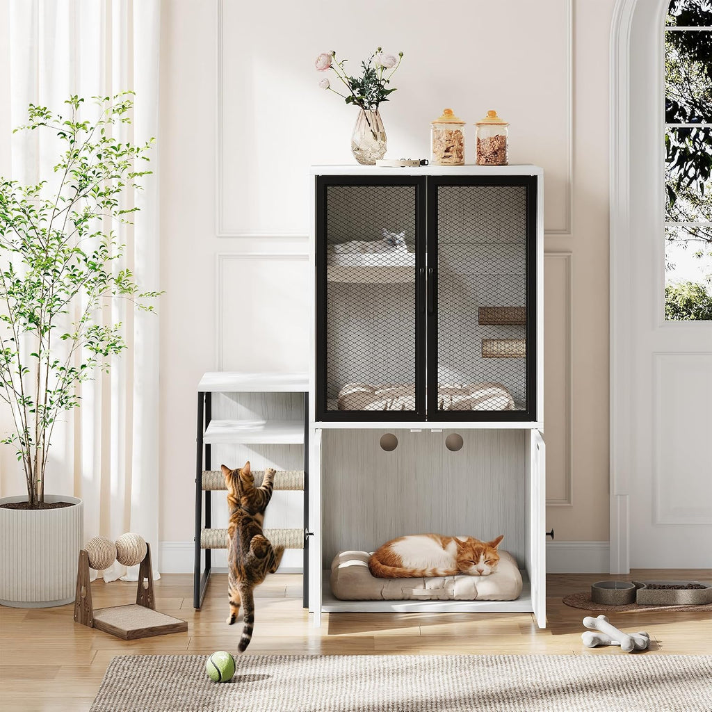 2-Tier Hidden Cat Litter Box Enclosure Cabinet