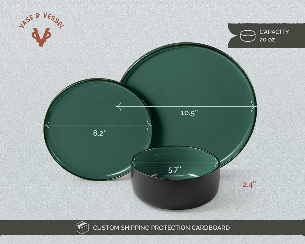 Dinnerware Set, 12 Piece Service for 4, Ceramic 10.5" Dinner Plates, 8.2" Salad Plates and 20 oz Bowls, Stoneware