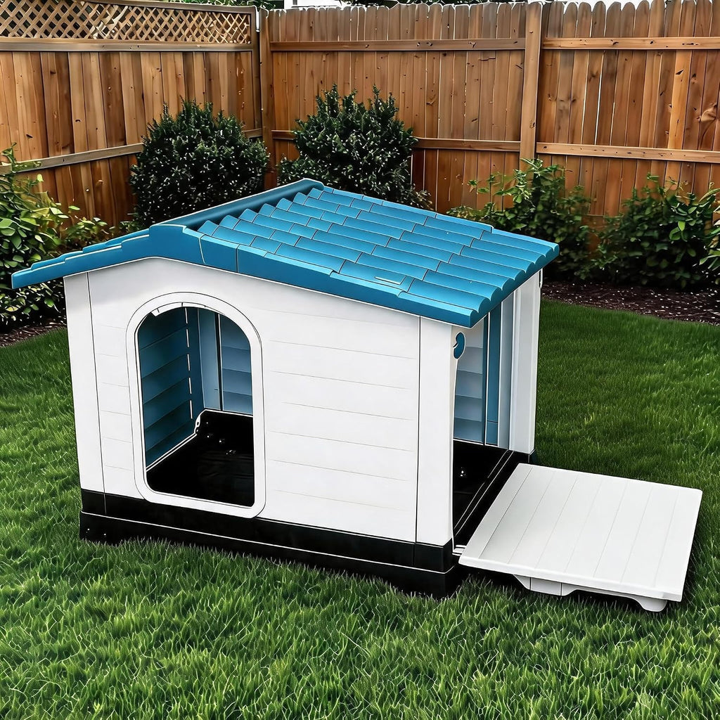 Elevated Weatherproof Plastic Dog House with 2 Doors & Fold-Out Porch - Raised Floor Outdoor Kennel for Large Dogs up