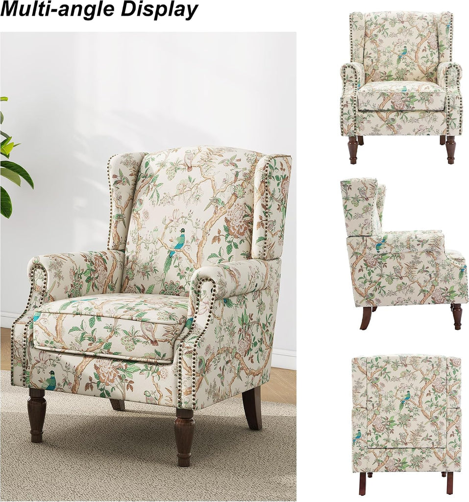 Wingback Accent Chair with Wood Legs, Bird, Set of 1 | High Back with Side Wings | Armrest Nailhead Trim | Solid Wood