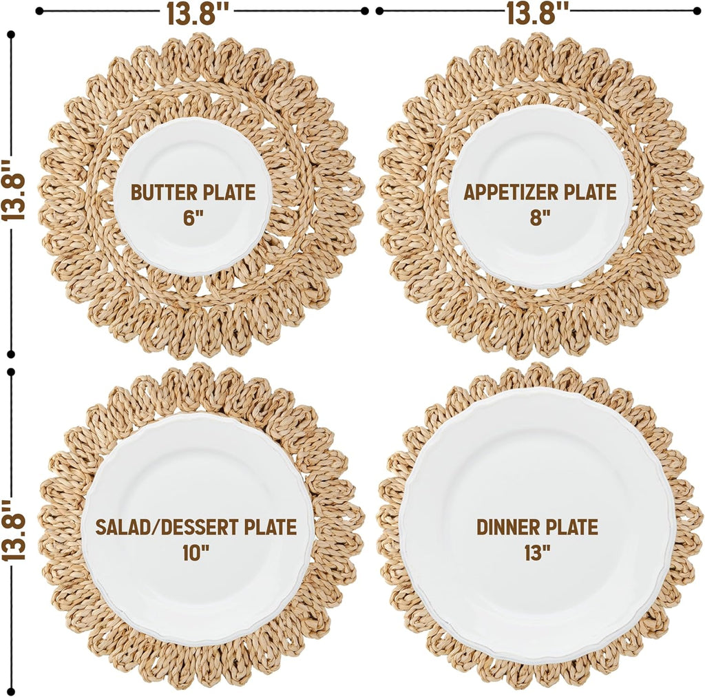 13.8" Corn Husk Woven Round Placemats Set of 6 - Wicker Boho Farmhouse Placemats - Rattan Table Mats for Dining