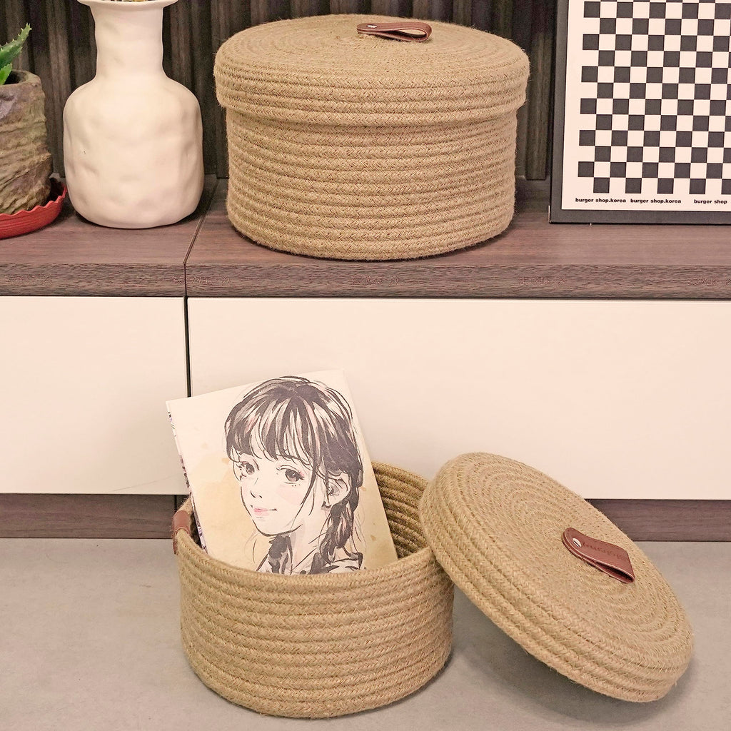 Set of 2 Round Jute Rope Storage Baskets with Lids -Leather Handles- Decorative Woven Organizer Bin, Small Basket