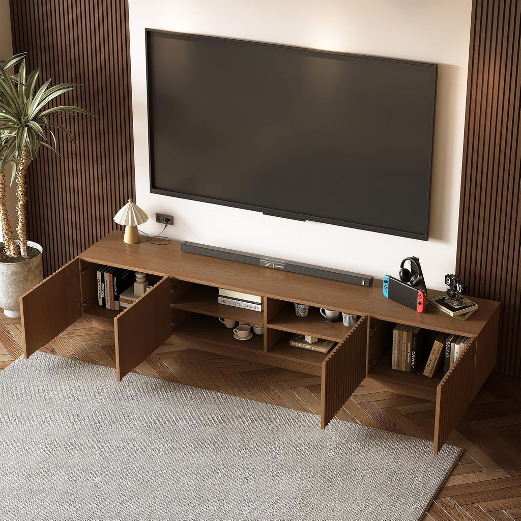 86.61" Mid-Century Modern TV Stand, Walnut Entertainment Center with 4 Doors & Adjustable Shelves, Large Wooden Media