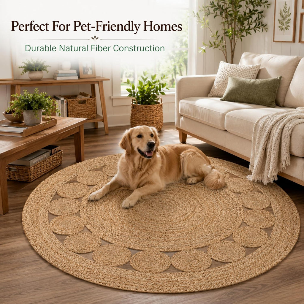 Natural Jute Round Area Rug, Handwoven Braided Boho Jute Rug with Dotted Design, Eco Friendly Farmhouse Living Room