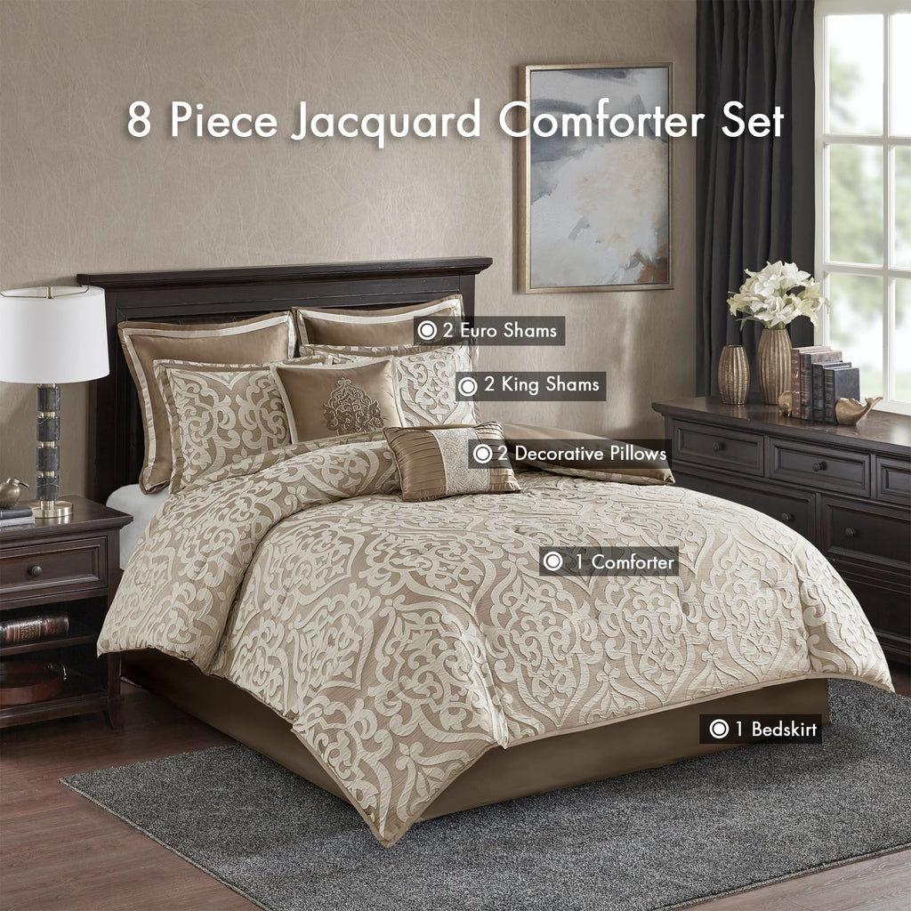 Odette Cozy Comforter Set Jacquard Damask Medallion Design - Modern All Season, Down Alternative Bedding, Shams