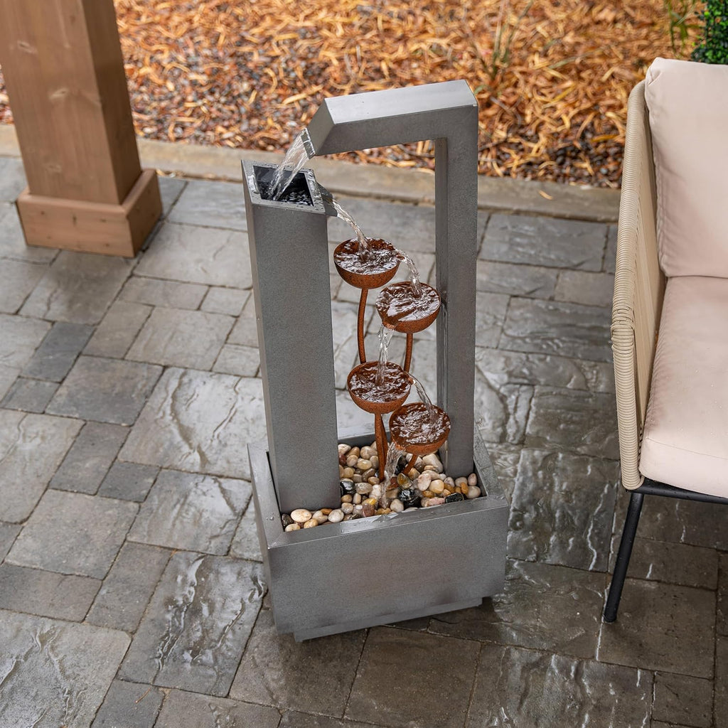 38" Tall Gray and Bronze Metal Sculptural Flower Multi-Tier Freestanding Water Fountain for Indoor & Outdoor Use
