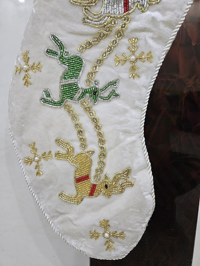 Handmade Velvet Christmas Stocking 21"x7" Beaded Santa & Reindeer Design Luxury Embroidered Holiday Stocking with