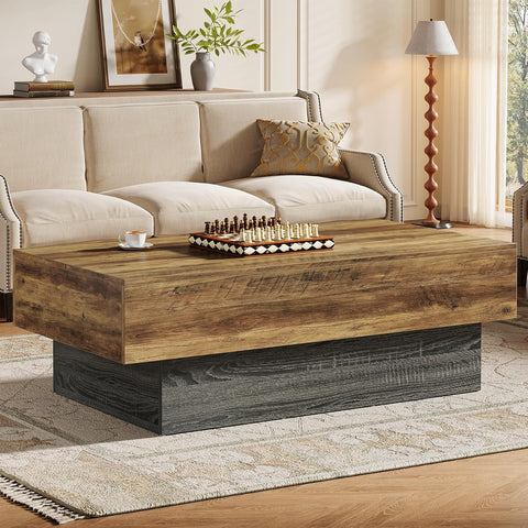 55-Inch Farmhouse Wood Coffee Table, Rustic Large Rectangle Tea Table, Vintage Center Table Reception