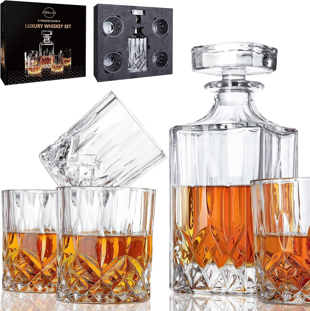 Whiskey Decanter Set for Men - Whiskey Decanter with 4 Whiskey Glasses in Gift Box, Non-Lead Glass for Bourbon - Set of 5