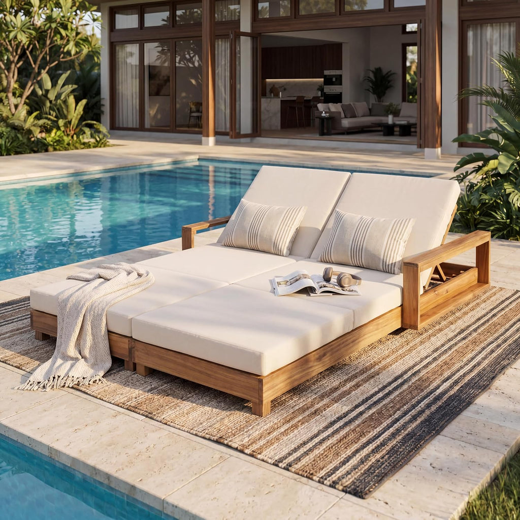 Acacia Wood Chaise Lounge Chair Outdoor, Spacious Double Outdoor Chaise Lounge with 3-Fold Cushions, 4 Position