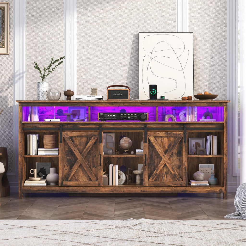 Farmhouse TV Stand for 80/75 Inch TV with Power Outlet, Entertainment Center with Storage and Sliding Barn Doors