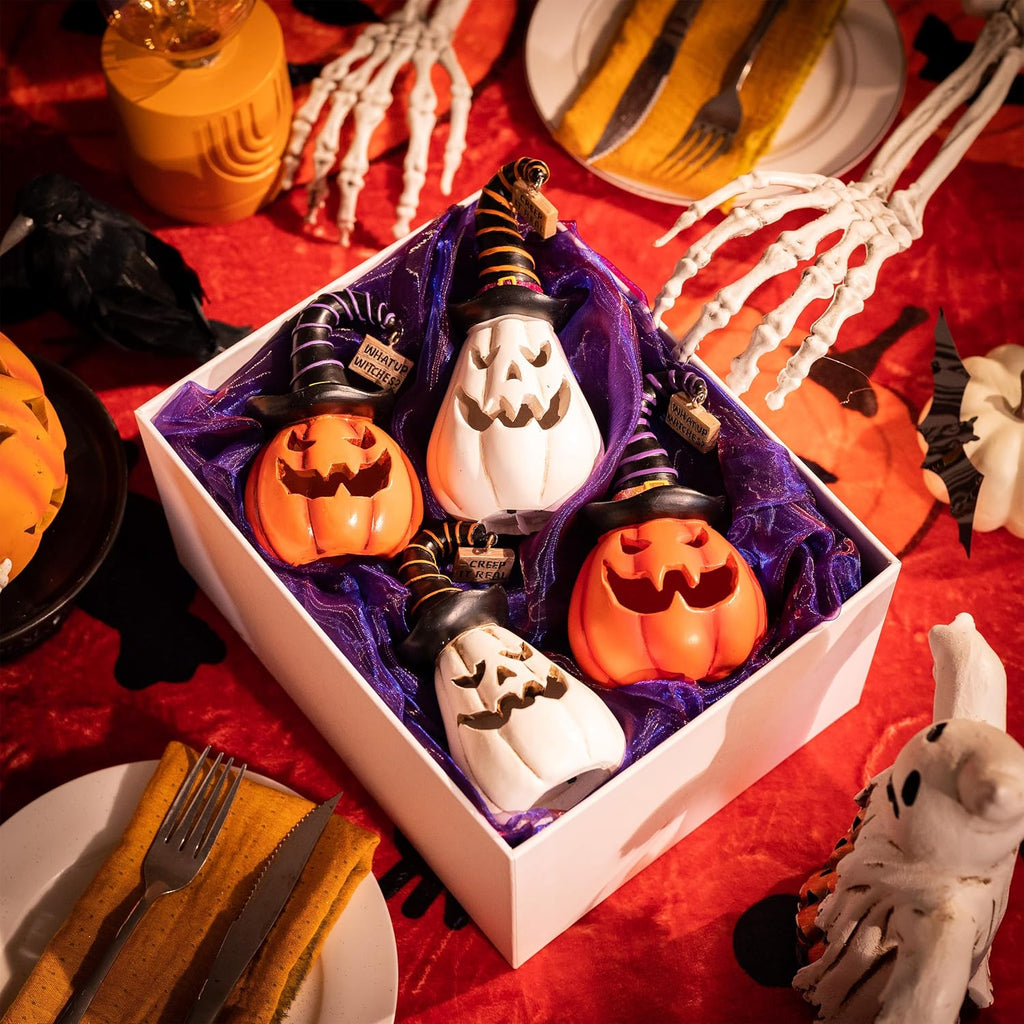 Pumpkin Halloween Decorations Indoor, Resin Halloween Figurines with Light, White and Orange Jack o Lantern - Set of 2