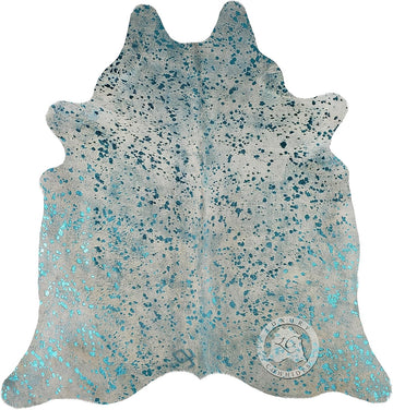 100% Genuine Metallic Blue Turquoise on Off White Cowhide Rug - Modern Style Animal Skin Rug & Floor Carpet & More