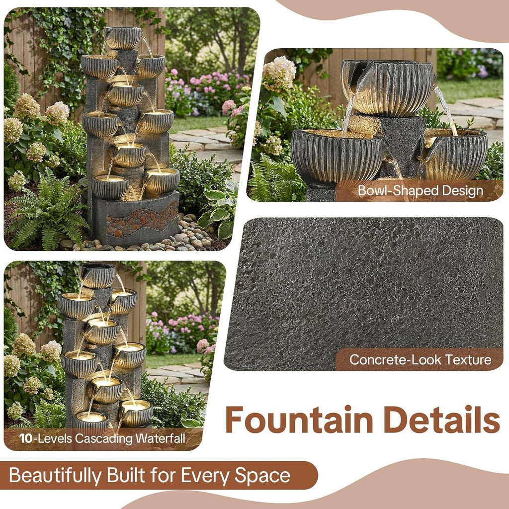 Modern 39.5" Tall Outdoor Water Fountain, Large 10-Tier Cascading Bowls Waterfall Fountain with LED Lights