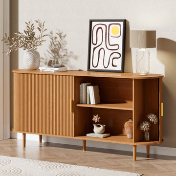 63" Sideboard Buffet Cabinet with Storage, Mid Century Modern Fluted Accent Coffee Bar Console Table, Tambour Sliding
