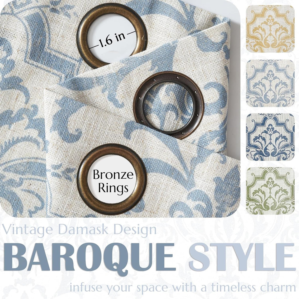 Curtains, Light Filtering 96 Inch Length 2 Panels Set, Baroque Style Linen Blend Drapes Living Room, Vintage Damask