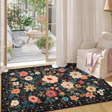 3x5 Washable Floral Area Rug, Lightweight Non-Slip Carpet for Living Room Bedroom Black