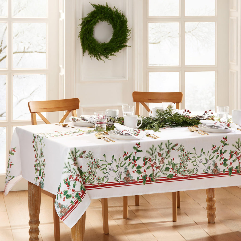 Winter Holiday Berry Fabric Tablecloth, Multicolor - 60" W x 144" L
