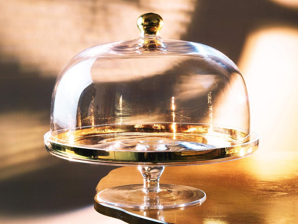 Glass - Cake Stand - and - Dome - with - Gold Rim - and - Gold Knob - for - Cake - Fruit - Cheese - 11.75" Diameter