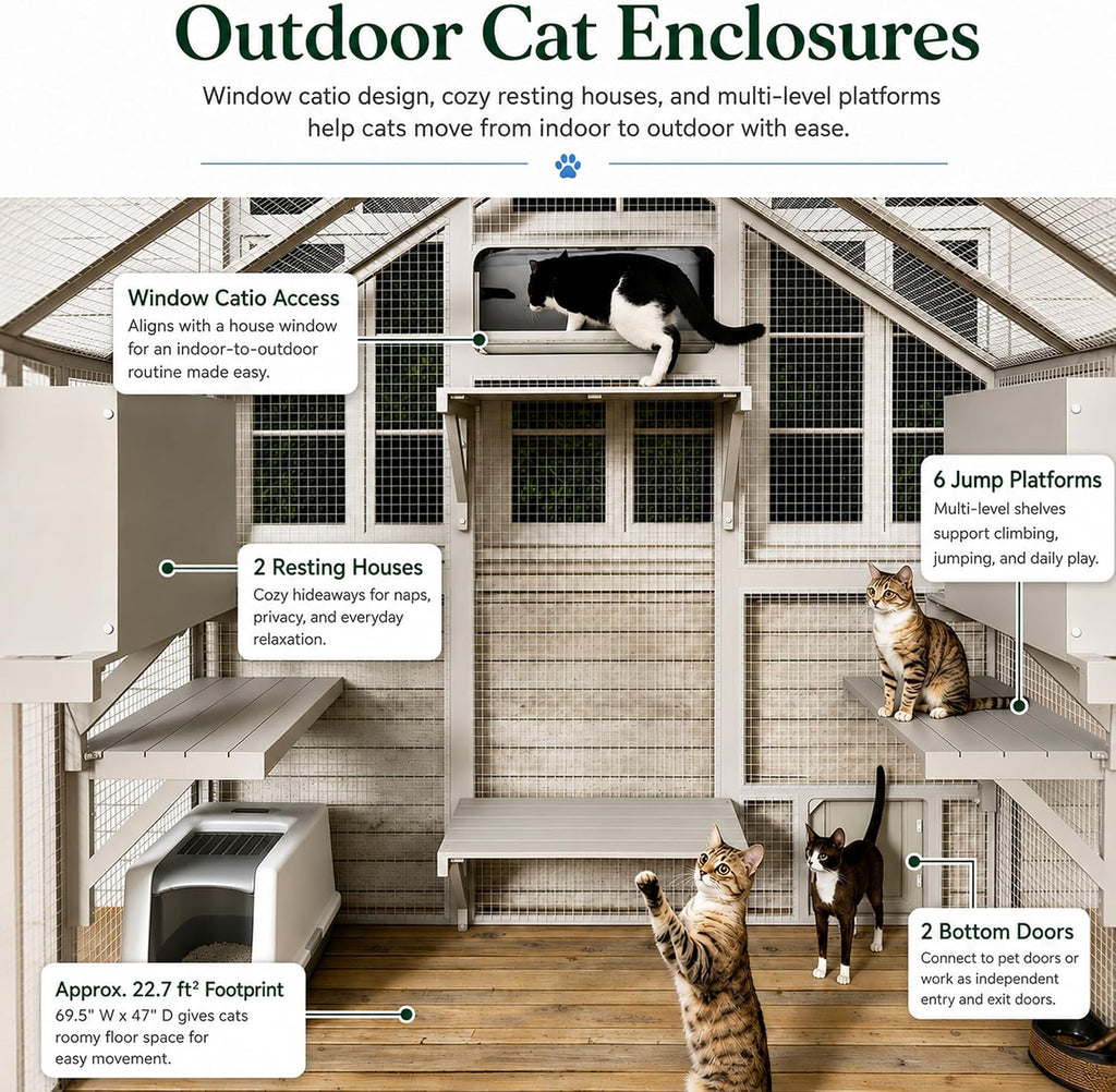 Large Outdoor Cat Enclosure 71" H Wooden Catio for Indoor & Outdoor Cats Walk-in Cat Patio with Multi-Level