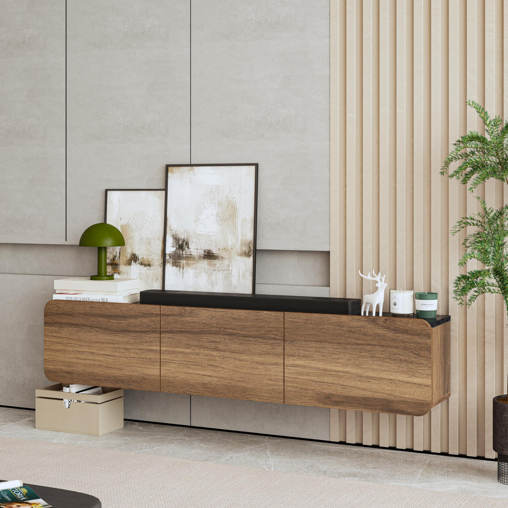 Mobili Floating TV Stand Wall Mounted - Modern Media Console for 65-80 inch TVs Walnut/Black Marble
